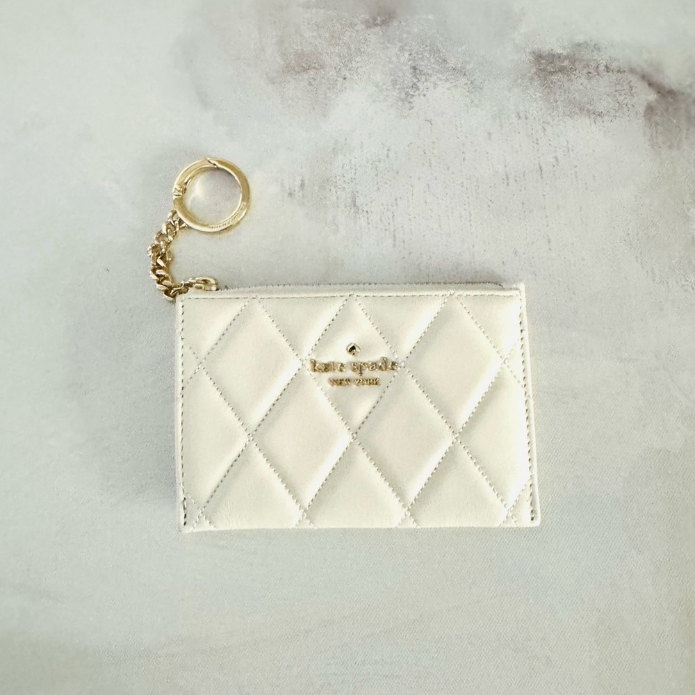 Kate Spade Cream White Carey Small Card Holder Quilted Leather Wallet on Chain